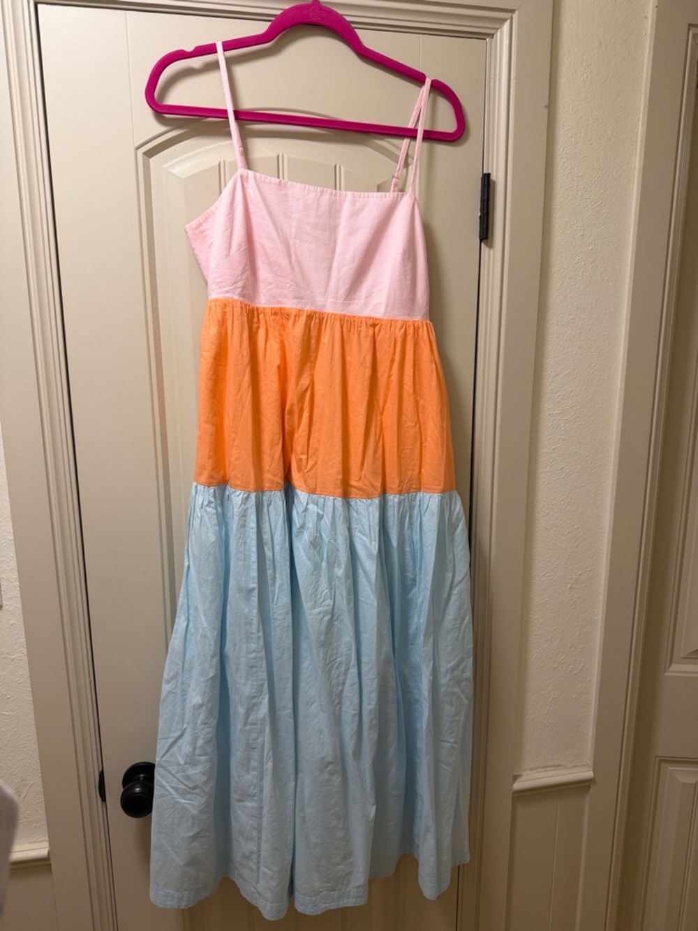 J. Crew Pink Orange Blue Tiered Spaghetti-Strap Maxi Dress